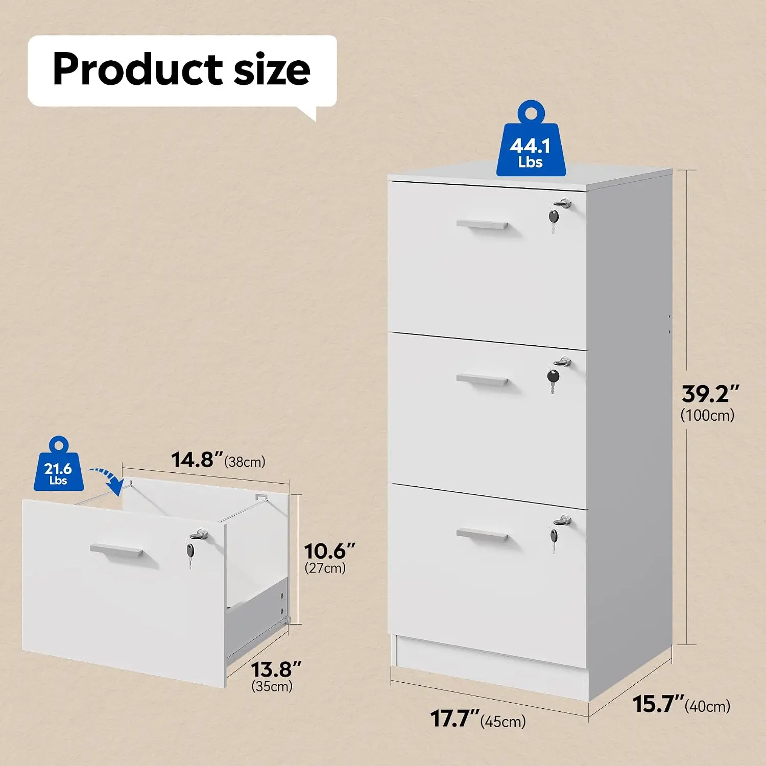 Wood File Cabinet with Lock, Vertical 3 Drawer Filing Cabinet for Home Office, Office Printer Stand for Letter and A4 Size (Whit