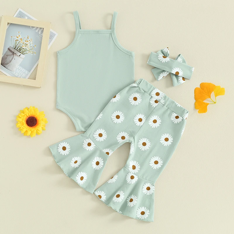 Baby Clothing Girls Summer Newborn Infant Sleeveless Romper with Flower Print Flare Pants and Headband 3Pcs Outfits Clothes