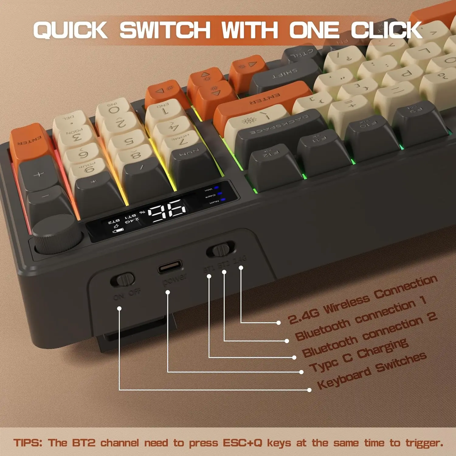 Imagem -04 - Ataque-teclado para Jogos sem Fio Controle de Botão 2.4g Rgb Retroiluminado Tela Sensação Mecânica bt 2.4g Apto para Ziyoulang M96