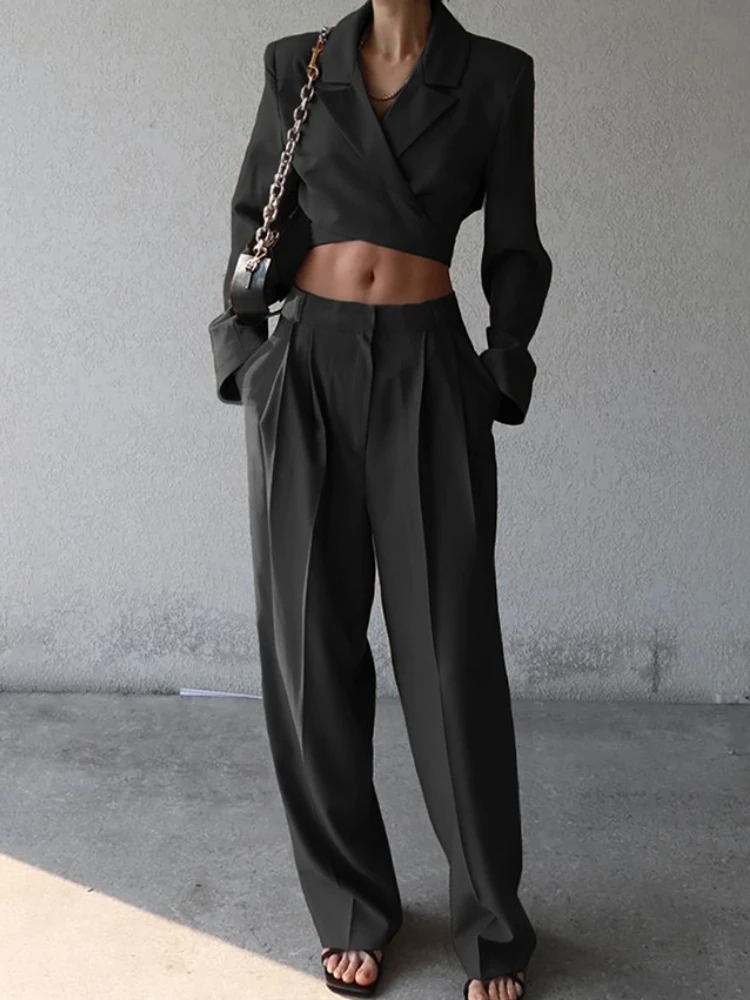 Autumn Long Sleeved Short Suit Jacket High Waist Casual Wide Leg Pants Set 2026 Design Sense Niche Temperament Commuting