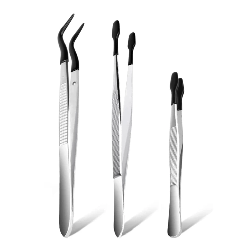 3 Pcs Non-Marring Silicone Tipped Tweezers Rubber Bent Tip Flat Tweezers Lab Tweezers