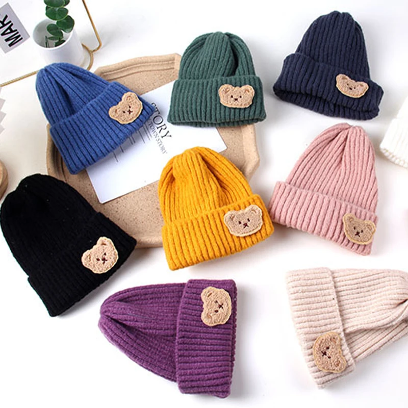 Korean Bear Baby Knit Hat Autumn Winter Warm Toddler Cap for Boy Girl Beanies Cute Solid Color Cartoon Kids Knitted Hats