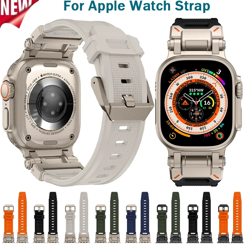 

Высококачественный силиконовый ремешок для Apple Watch Ultra 3 49 мм S11-10 46 мм 9 8 7 45 мм, металлический интерфейсный браслет iWatch 6 5 SE 44 мм, ремешок