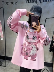 Oversized T Shirt Hot Diamond Pink Cartoon Dinosaur Big Wings Loose Mid -length Sweet Long Sleeve T-Shirt Women Clothes Autumn