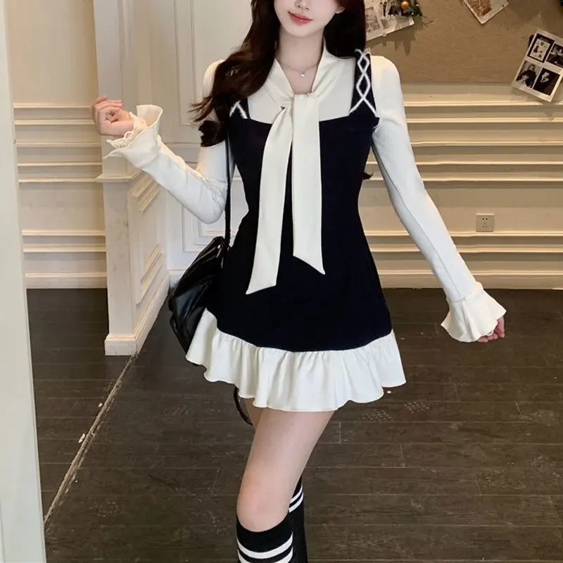 Female Clothing Gentle Mini Dress Fake Two Pieces Spring Autumn Contrasting Colors Aura Scarf Collar Stylish Drawstring Dresses - Image 2