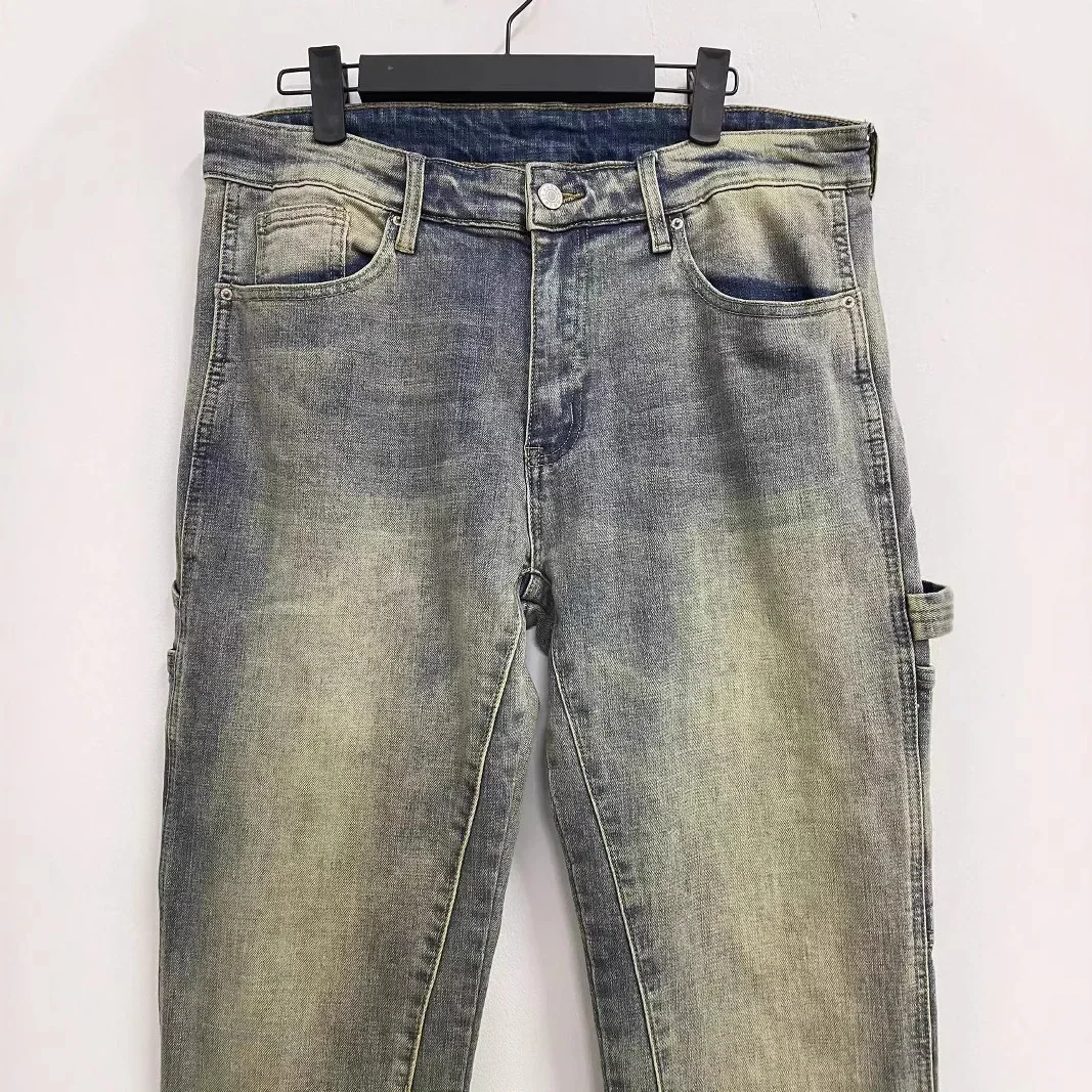 LIBIELIY Four Seasons Men's Casual Trendy American High Street Washed Vintage Retro Blue Jeans Pants Loose Spliced Cargo Denim