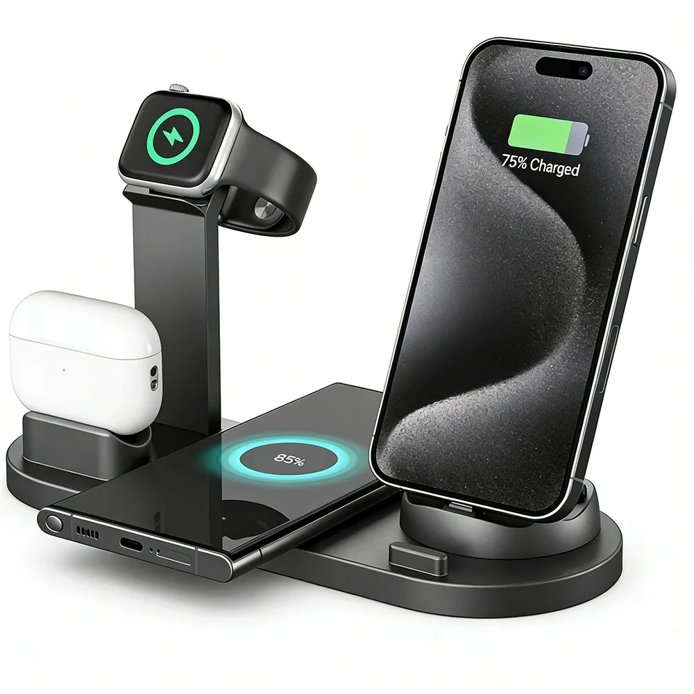 

Беспроводное зарядное устройство 7-в-1 типа C/Micro-USB для iPhone 17 16 Pro Max 15 14 13 12 Samsung Xiaomi Airpods Pro2/1 Подставка для быстрой зарядки