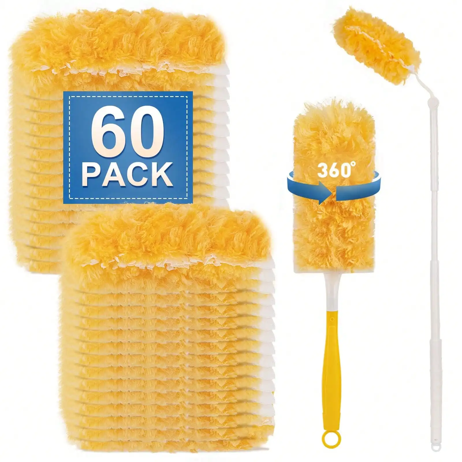 VORNOSI Heavy Duty Duster Refills, Disposable Dusters Kit For Cleaning Dusting Furniture Blind Ceiling Fan, Multi Surface 360 Feather Duster(60)+3FT Extended Handle +1 Handle