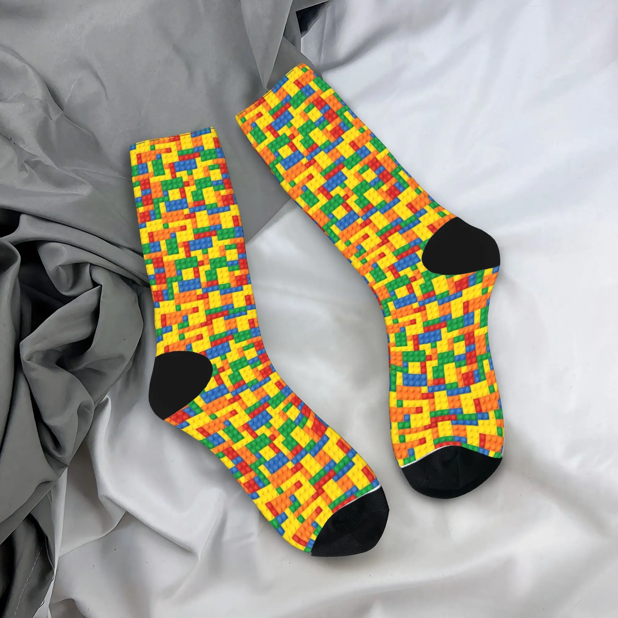Adults Men Socks Classic Primary Color Building Blocks Pattern Stockings Autumn Funny Socks Printed Skateboard Non Skid Socks