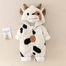 Cute Winter Baby Girls Boys Hooded Romper Plush Cow Print Zipper Jumpsuit Toddler Long Sleeve Cartoon Playsuits Party Costume