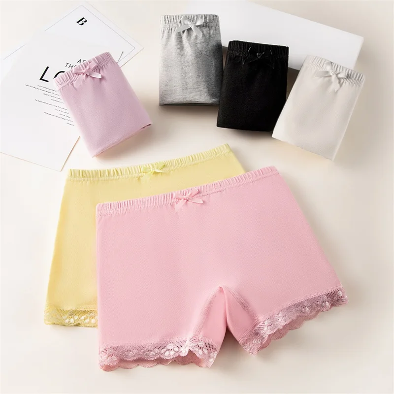 3-16 Y Kids Girls 4 Pcs Lace Edge Panties Soft Cotton Safety Pants Solid Color Flat Corner Underpants Prevent Exposure Leggings