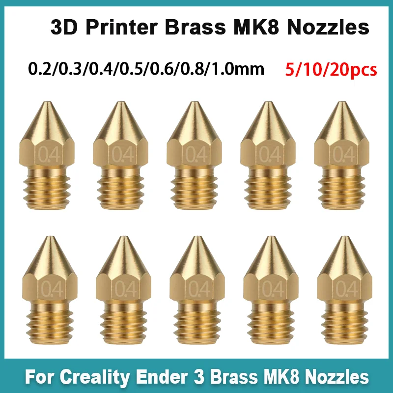 3D Printer Brass Nozzles MK8 0.4MM, High Temperature Resistant, Compatible for Creality Ender/CR Series, Anycubic Kobra Series