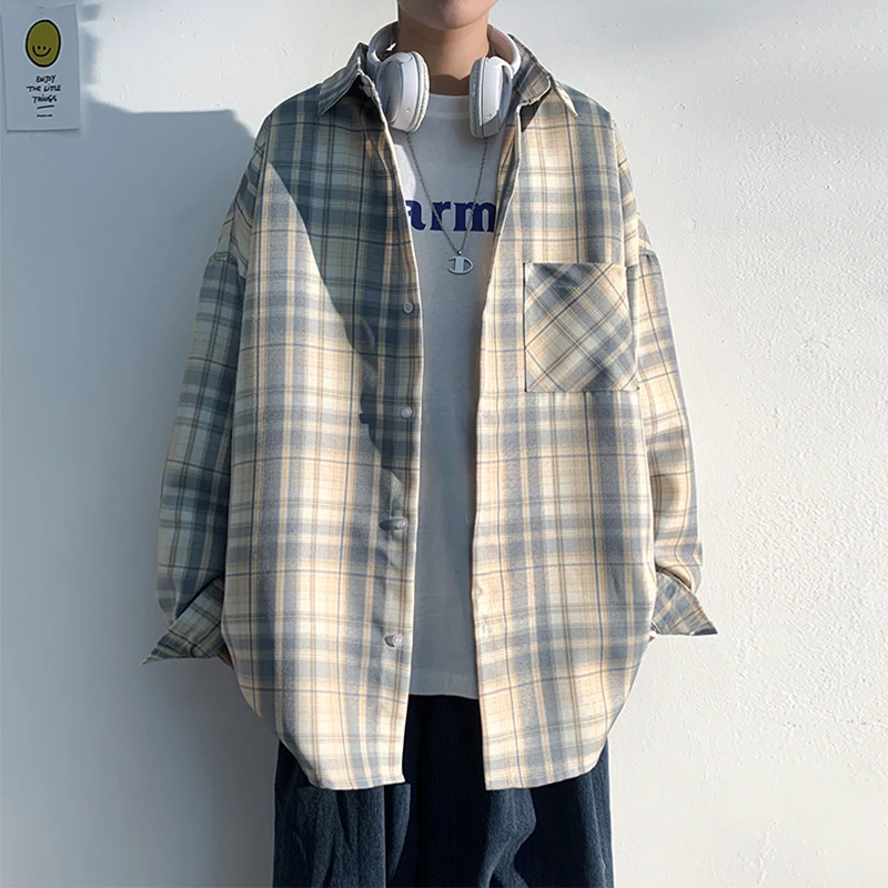 

Scottish Plaid Long Sleeve Shirt Men's Spring Autumn Loose BF Lazy Style Base Layer Shirt Oersize Coat Youth Fashion Trend