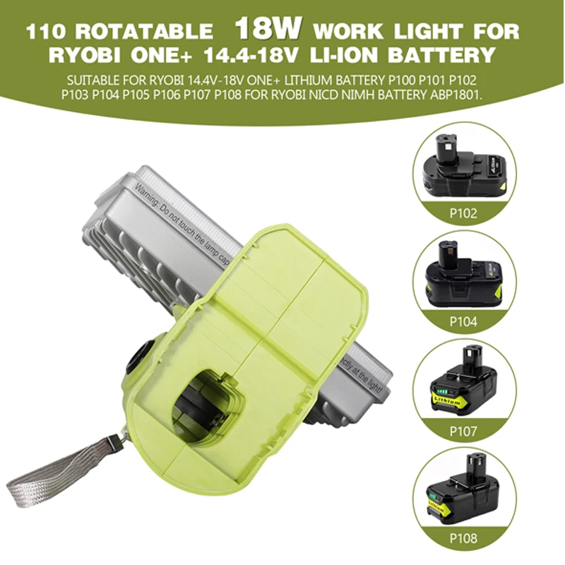 2100LM สำหรับ RYOBI ไฟทำงาน18W 14.4V-20V แบบพกพากลางแจ้งแคมป์ปิ้งไฟฉาย LED โคมไฟแนวตั้งใช้ในบ้านแบตเตอรี่ Li-ion