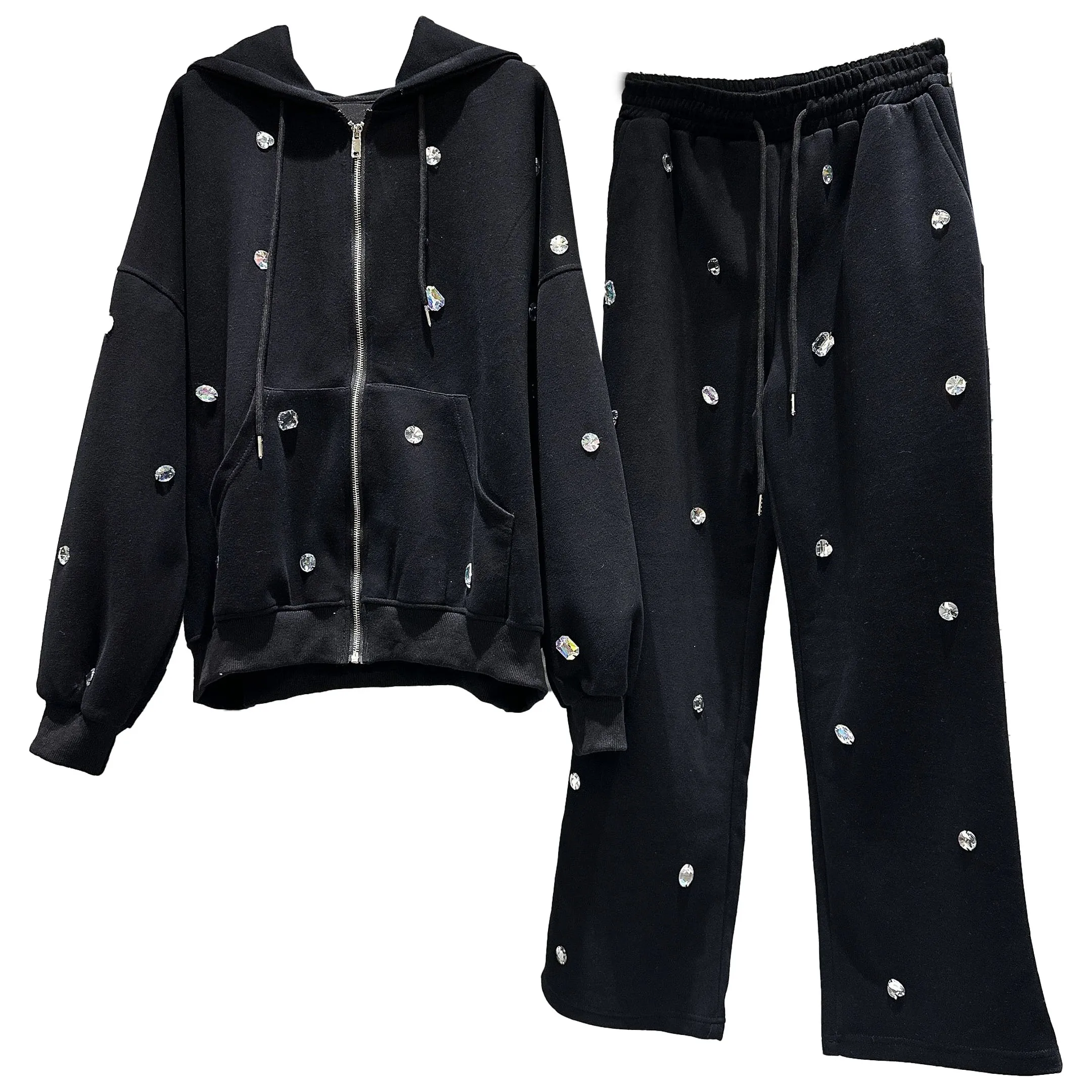 Pants Suit Spring Autumn Casual Diamond Beaded Hooded Zipper Sweatshirt Coat Loose Wide Leg Pants Two Piece Sets Women Outifits