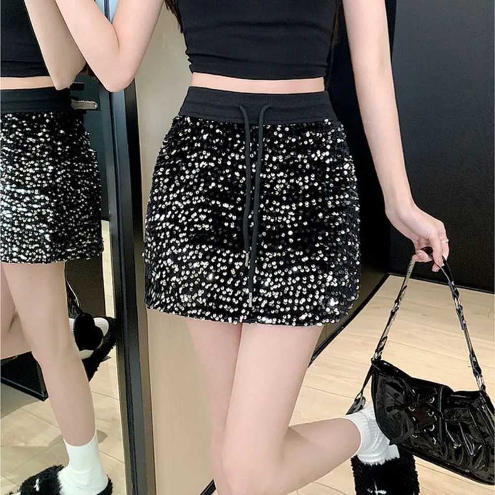 

Women's Velvet Sequin Mini Skirt with Drawstring Waist, Sparkly Bodycon Skirt for Party, Club & Stage Performance