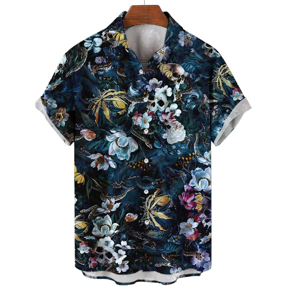 Men\'s Oversized Hawaii Skull Shirts High Quality Summer Daily Social Blouse Streetwear Harajuku Tops Gothic Short Sleeve Button