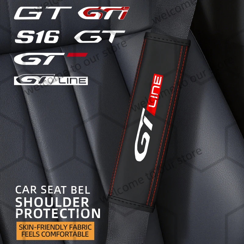 2Pcs For GT Line S16 GT Emblem Logo 2008 206 208 301 306 RCZ 407 Leather Car Safety Belt Shoulder Cover Pads Interior Decoration
