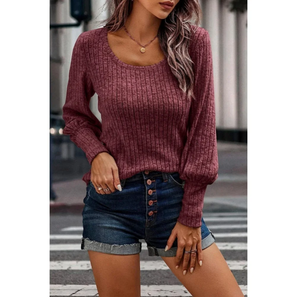 Casual Summer Blouse Ribbed Knit Shirt Polyester Fabric Medium Elasticity Solid Color Pattern Regular Length Soft Touch S M