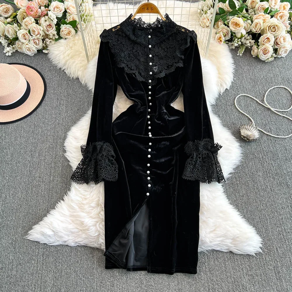 Elegant Stand Neck Lace Patchwork Single Breasted Long Sleeve Velvet Chic Elegant Vestidos Autumn Women Fashion Ceremonial Dress