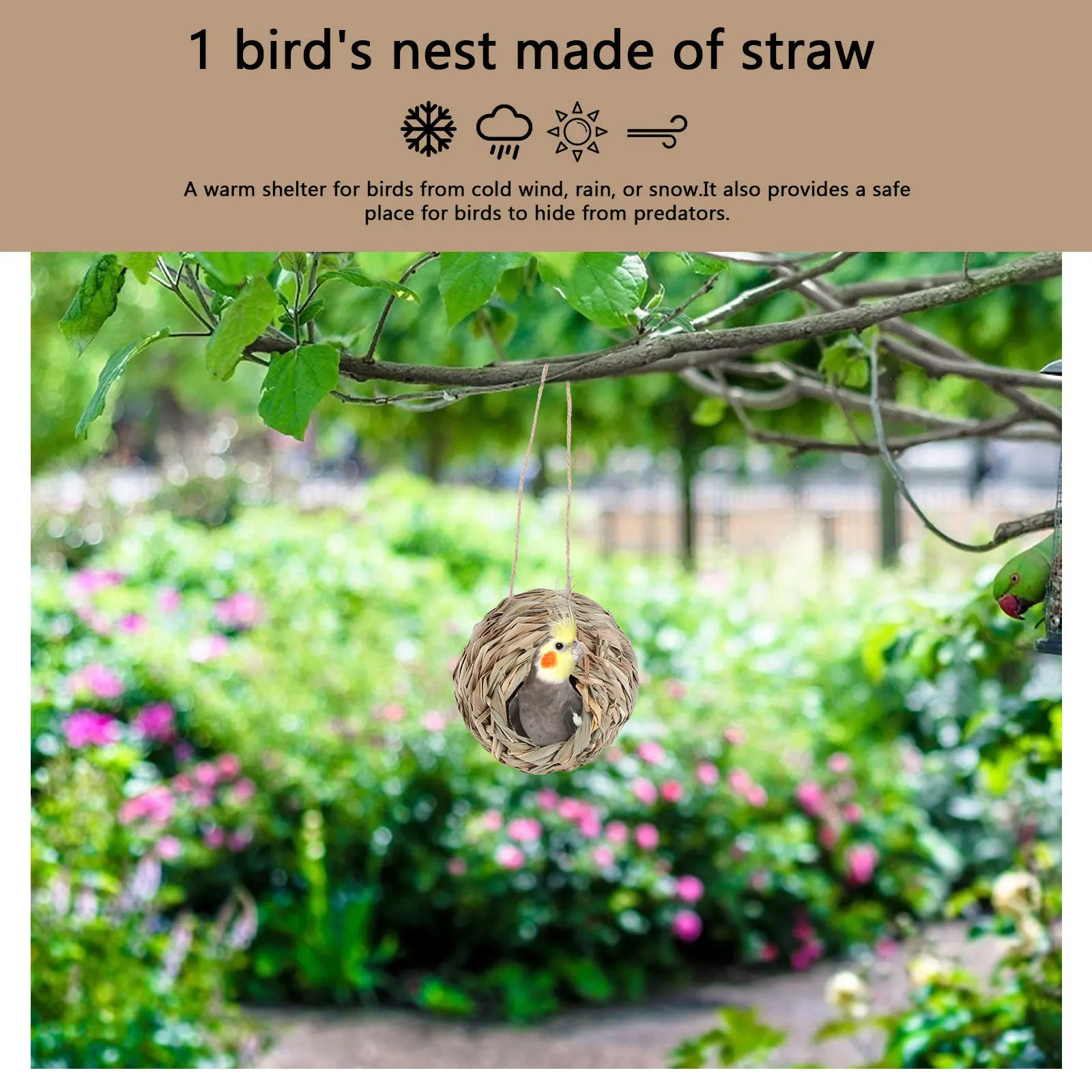 

1pc Ball-Shaped Bird Nest Straw Woven Hanging Design For Small Birds Outdoor Perching Pet Birds Feeding Accessories
