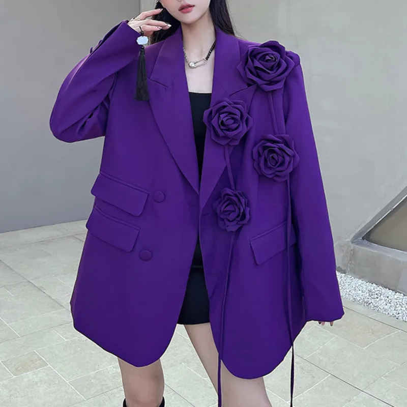 [EWQ] Cappotto blazer a maniche lunghe con design floreale 3D viola Moda All-match Chic Allentato Cappotto da donna 2024 Autunno Nuova marea 16O2904