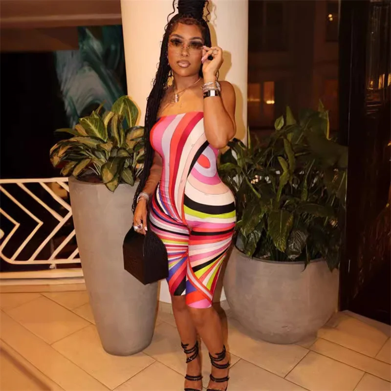 Printed Off Shoulder Jumpsuit Woman Sleeveless Backless Jumpsuits Women Slim Tight Clothes Fashion Street Wear Streetwear