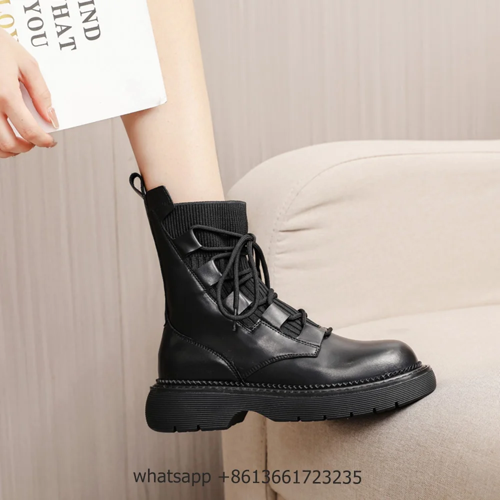 Black Leather Cross Lace Up Boots Women Fashion Round Toe Platform Flat Heel Ankle Boots Stretch Cloth INS Real Leather Shoes