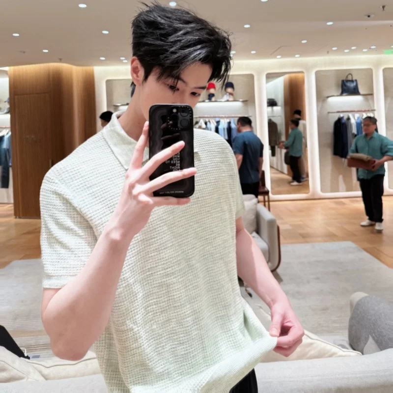 2026 Summer New Style LP Loose Money Style Floral Knitted Short Sleeve  Shirt No Button Turn-down Collar Men's Fashion
