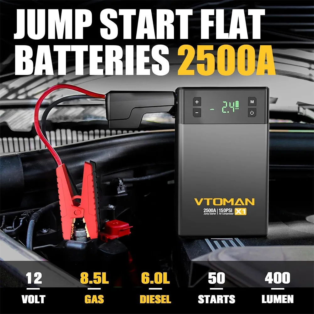 VTOMAN X1 Jump Starter with 100PSI Air Compressor, 2500A Peak Car Starter, 12V Lithium Battery Jump Box, 400 Lumen LED