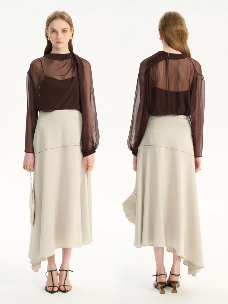 

Новая женская асимметричная шелковая рубашка YMAIMAI из тонкого дышащего материала, приталенного кроя, весенняя коллекция.