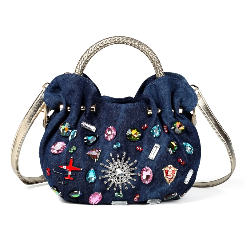 

iPinee New Women Denim Bags Sweet Blue Pattern High Quality Handbags With Diamond Ladies Tote Bag Messenger Bags