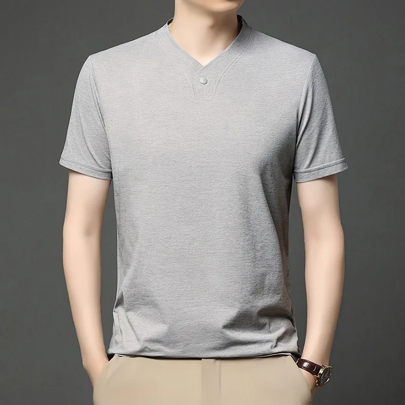 

GELITAYIN Summer Men Casual Short-sleeved V-neck Button Chinese Type Skin-friendly Thin T-shirt Luxury Solid T-shirt Comfortable