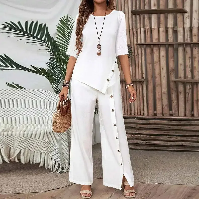 

Women's Asymmetrical Hem Button Detail Half Sleeve Shirt Wide Leg Pants Two Piece Set