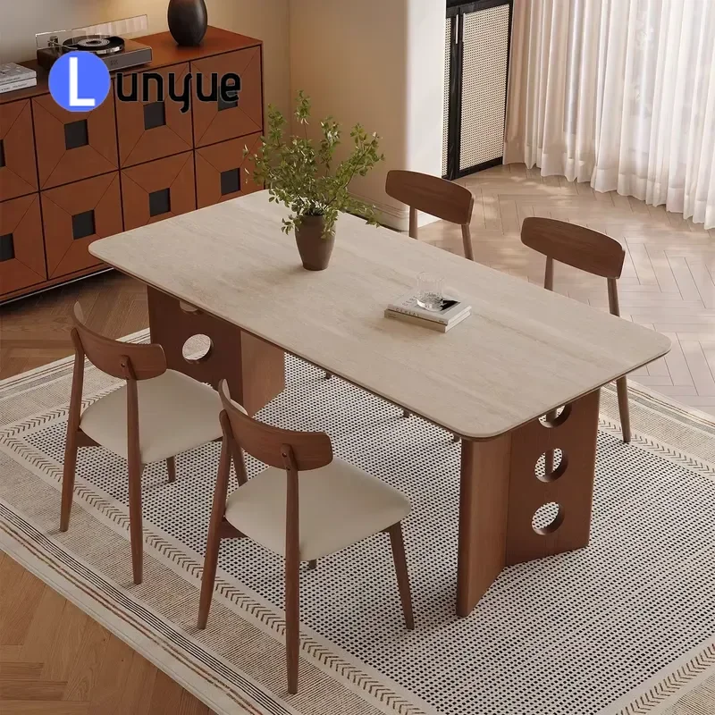 Modern Chinese Style Retractable Dining Table Set Stone Top 6 Seats Wood Frame Custom Home Hotel Furniture Space Saving