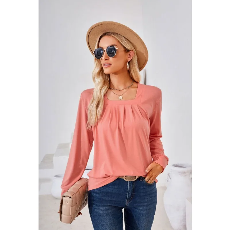 2023 New Autumn and Winter Square Neck Long Sleeve T-shirt Women's Solid Color Bottom Top Women's Casual Loose Pullover