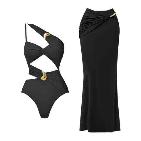 2Pcs Schulter Badeanzug Mit Langen Rock Frauen Sexy Bikini Weibliche Bandeau Biquini Hohl Bademode Taste Badeanzug Bademode