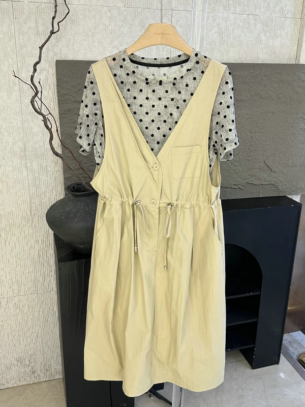 

Summer Polka Dot T-Shirt Waist Cinched Dress Women's Gentle Style Set Short Sleeve Midi Length Two-Piece Suit for Ladies