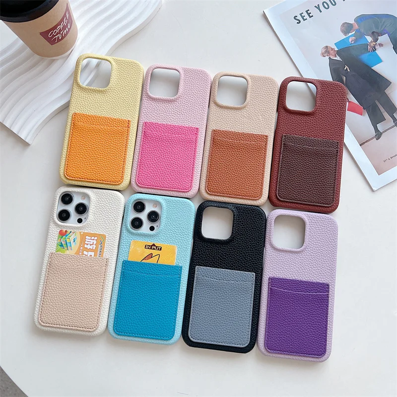 Retro Lychee Pattern PU Leather Wallet Phone Case For iPhone 16 15 14 13 12 11 Pro Max Card Slot Contrast Color Shock Hard Cover