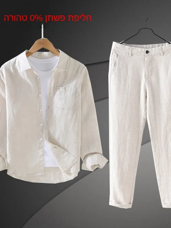 

Pure Linen Men's Casual Long Sleeve Shirt Spring Summer Thin Pants Fashion Set Lightweight Breathable Spring Autumn Wear
