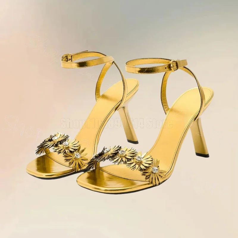 

Gold Appliques Design Strange Style Heels Sandals Buckle Strap Women Shoes Open Toe Novel Party Dating 2025 Zapatos Para Mujere