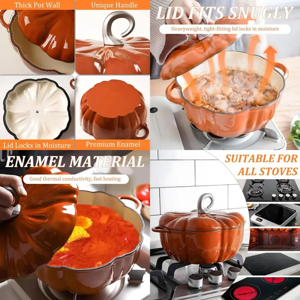 

Enamel Cast Iron Pumpkin Cocotte, 4 Quart, Serves 3-5, Ideal for Soups, Perfect Holiday Gift, Suitable for All Stoves