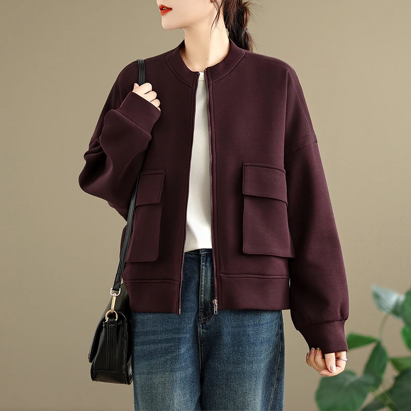 

Retro Wine Red Baseball Jaet ort Women's Autumn Winter New Sle Faionable Loose Versatile Zipper Coat Top for Ladies