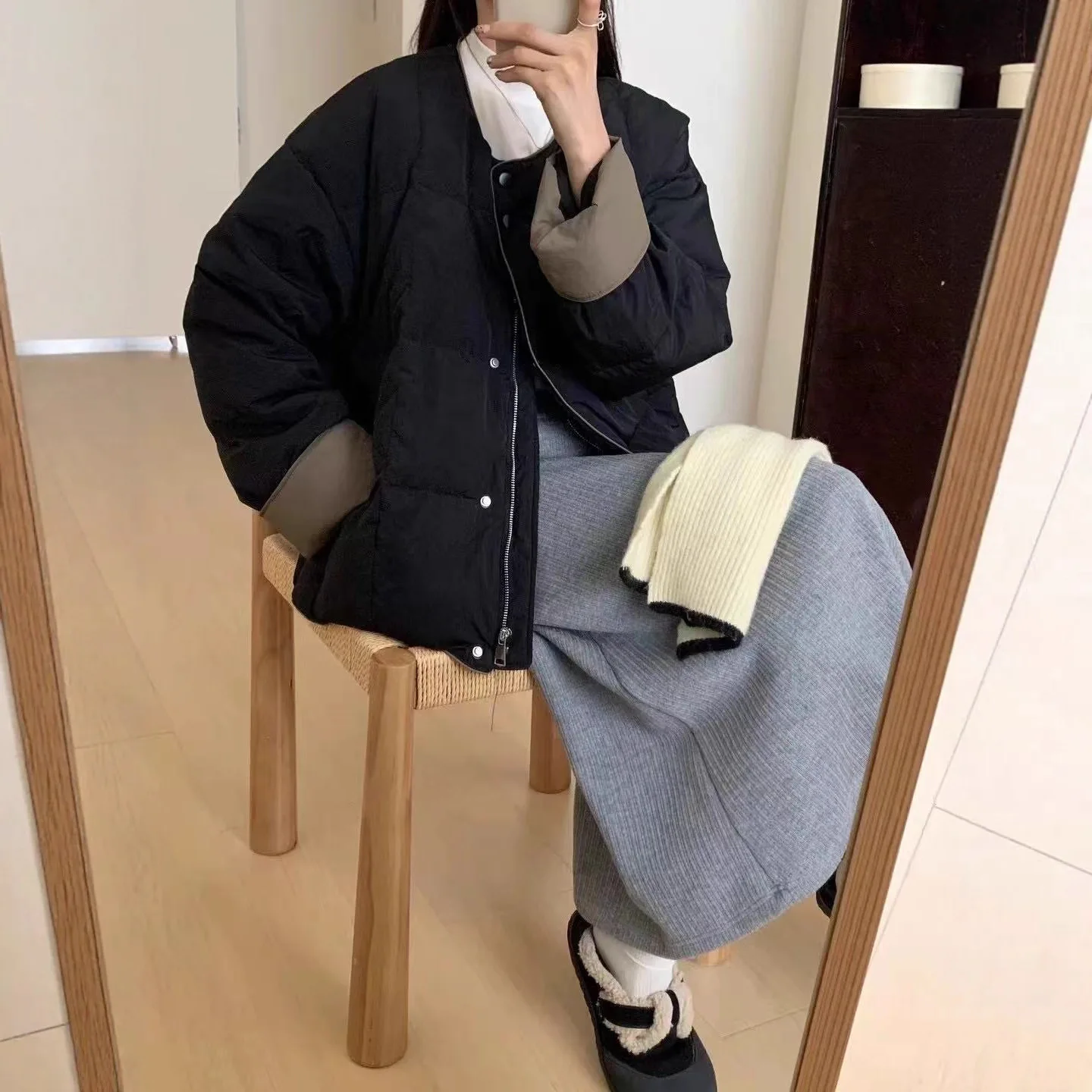 Women Short Parkas Coat Solid Jacket Zipper Pocket Round Neck Long Sleeve Loose Fit Thick Casual Office Lady 2025 Autumn Winter
