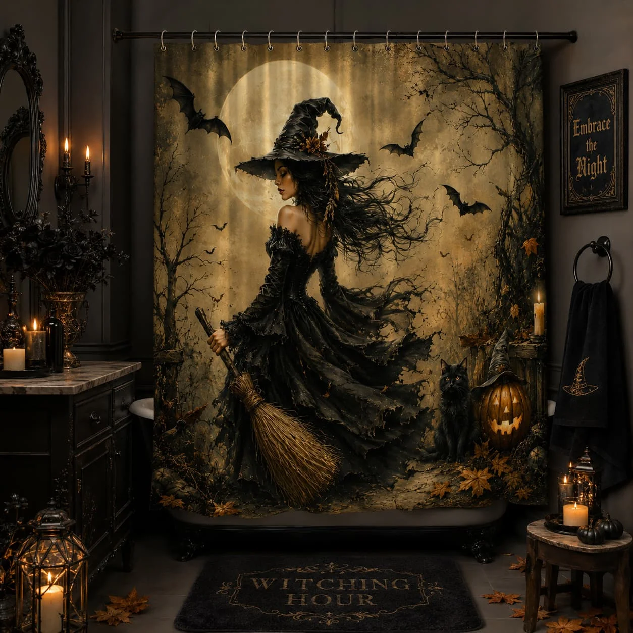 1pc Halloween Witch Themed Shower Curtain Black Cat Broomstick Moonlight And Bats Spooky Bathroom Decor Polyester Fabric Bath Hanging Curtain 70.8X70.8 Inch with Hooks