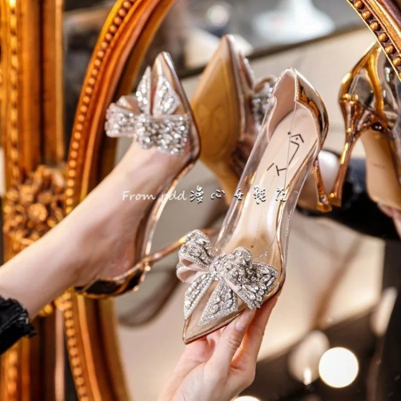 Summer New Tip Crystal Fashion Women's Style Sandals Rhinestone Bow Transparent High Heels Women's Sandals Fashion Shoes shoes