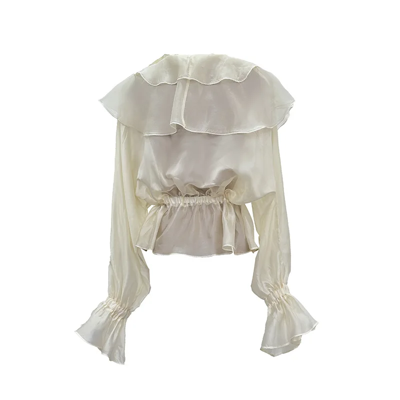 2025 New Long Sleeve Women's Personality Style Ruffled V-neck Waist Top New Female Summer Long-sleeved Solid Color Shirt Female