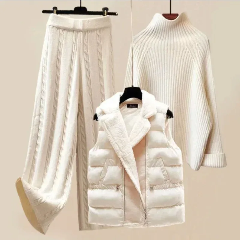 

Three piece set women's winter patchwork vest jacket sweater thickened plush straight pants