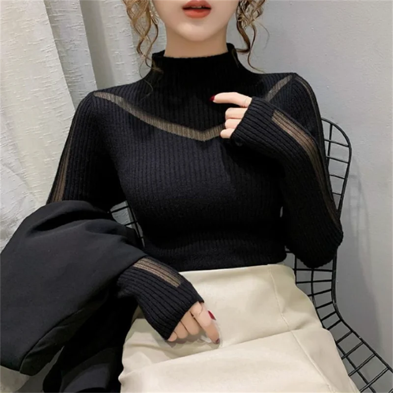 Sexy Long-Sleeved Sweater Women Turtleneck Perspective Net Yarn Splicing Knitwear Bright Pull Ladies Sweaters Pullover Top