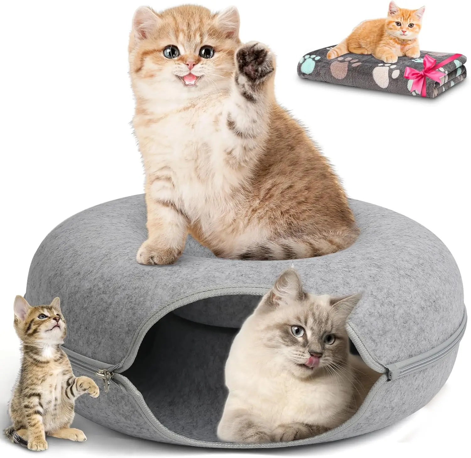 Large 24 inch,Cat Tunnel Bed,Peekaboo Cat Cave with Pet Blanket,Detachable Donut Tunnel Bed for Indoor Cats,Exercise Sc